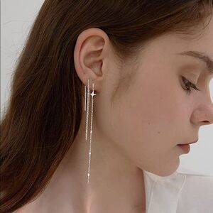 925 Sterling Silver Star Long Dangle Chain Tassel Earrings